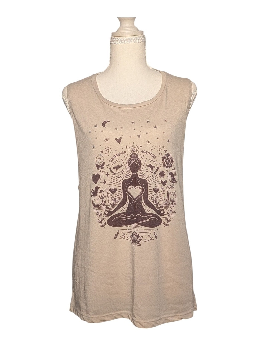 Women's Beige Meditation Graphic Tank Top